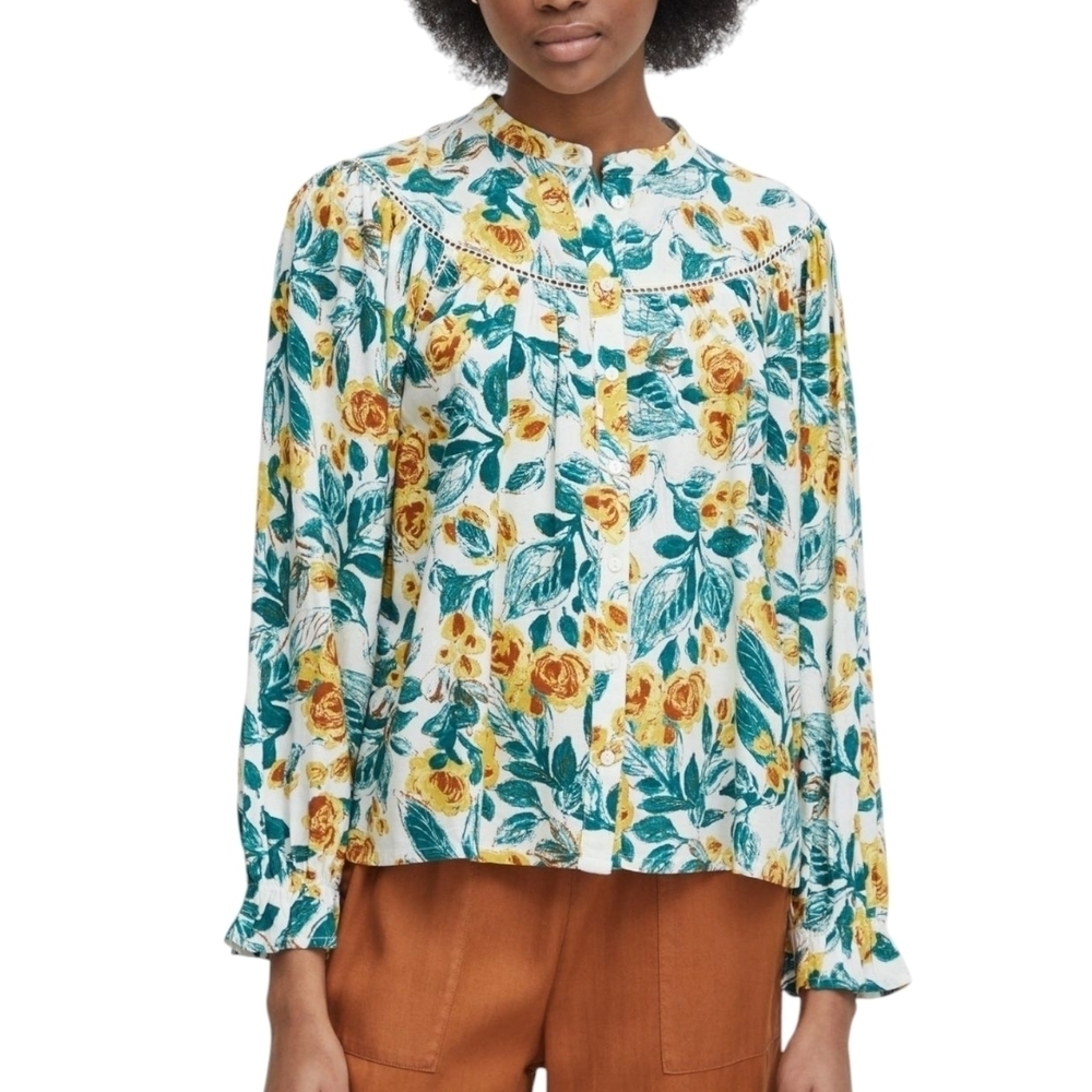 Atelier Reve Cream White Floral Blouse with Mandarin Collar Long Sleeves Sz 6 36